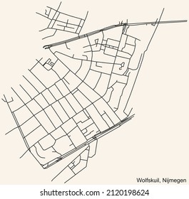 Detailed navigation black lines urban street roads map of the WOLFSKUIL NEIGHBORHOOD of the Dutch regional capital city Nijmegen, Netherlands on vintage beige background