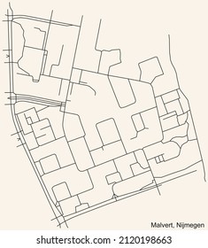 Detailed navigation black lines urban street roads map of the MALVERT NEIGHBORHOOD of the Dutch regional capital city Nijmegen, Netherlands on vintage beige background