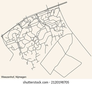 Detailed navigation black lines urban street roads map of the WEEZENHOF NEIGHBORHOOD of the Dutch regional capital city Nijmegen, Netherlands on vintage beige background