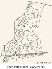 Detailed navigation black lines urban street roads map of the DE KAMP NEIGHBORHOOD of the Dutch regional capital city Nijmegen, Netherlands on vintage beige background