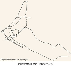 Detailed navigation black lines urban street roads map of the OOYSE SCHEPENDOM NEIGHBORHOOD of the Dutch regional capital city Nijmegen, Netherlands on vintage beige background