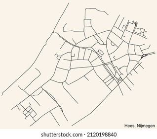 Detailed navigation black lines urban street roads map of the HEES NEIGHBORHOOD of the Dutch regional capital city Nijmegen, Netherlands on vintage beige background