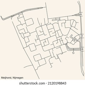 Detailed navigation black lines urban street roads map of the MEIJHORST NEIGHBORHOOD of the Dutch regional capital city Nijmegen, Netherlands on vintage beige background