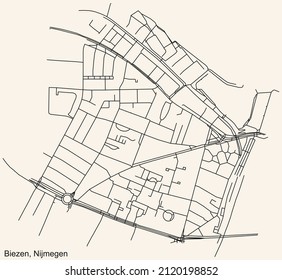 Detailed navigation black lines urban street roads map of the BIEZEN NEIGHBORHOOD of the Dutch regional capital city Nijmegen, Netherlands on vintage beige background