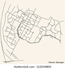 Detailed navigation black lines urban street roads map of the 'T BROEK NEIGHBORHOOD of the Dutch regional capital city Nijmegen, Netherlands on vintage beige background