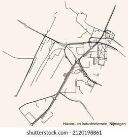 Detailed navigation black lines urban street roads map of the HAVEN- EN INDUSTRIETERREIN NEIGHBORHOOD of the Dutch regional capital city Nijmegen, Netherlands on vintage beige background