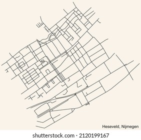 Detailed navigation black lines urban street roads map of the HESEVELD NEIGHBORHOOD of the Dutch regional capital city Nijmegen, Netherlands on vintage beige background