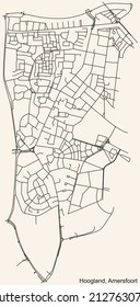 Detailed navigation black lines urban street roads map of the HOOGLAND DISTRICT of the Dutch regional capital city Amersfoort, Netherlands on vintage beige background
