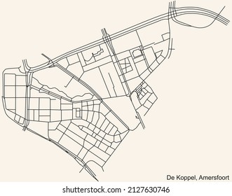 Detailed navigation black lines urban street roads map of the DE KOPPEL DISTRICT of the Dutch regional capital city Amersfoort, Netherlands on vintage beige background