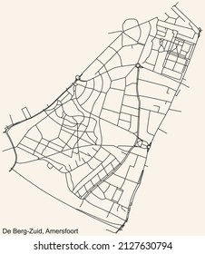 Detailed navigation black lines urban street roads map of the DE BERG-ZUID DISTRICT of the Dutch regional capital city Amersfoort, Netherlands on vintage beige background