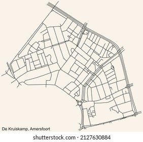 Detailed navigation black lines urban street roads map of the DE KRUISKAMP DISTRICT of the Dutch regional capital city Amersfoort, Netherlands on vintage beige background