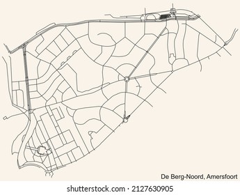 Detailed navigation black lines urban street roads map of the DE BERG-NOORD DISTRICT of the Dutch regional capital city Amersfoort, Netherlands on vintage beige background