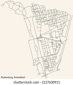 Detailed navigation black lines urban street roads map of the RUSTENBURG DISTRICT of the Dutch regional capital city Amersfoort, Netherlands on vintage beige background