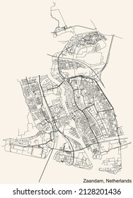 Mapa detallado de las líneas negras de navegación en las calles urbanas de la capital regional holandesa, ZAANSTAD, PAÍSES BAJOS, sobre fondo beige vintage