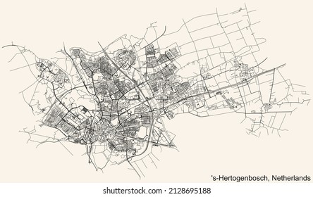 Detailed navigation black lines urban street roads map of the Dutch regional capital city of 'S-HERTOGENBOSCH, NETHERLANDS on vintage beige background