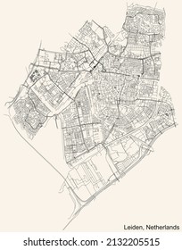 Detailed navigation black lines urban street roads map of the Dutch regional capital city of LEIDEN, NETHERLANDS on vintage beige background