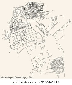 Detailed navigation black lines urban street roads map of the METALURHIYNYI RAION of the Ukrainian regional capital city Kryvyi Rih, Ukraine on vintage beige background