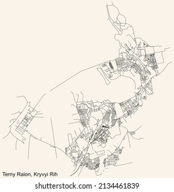 Detailed navigation black lines urban street roads map of the TERNY RAION of the Ukrainian regional capital city Kryvyi Rih, Ukraine on vintage beige background
