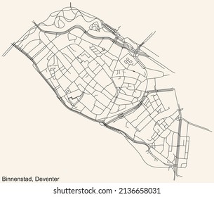 Detailed navigation black lines urban street roads map of the BINNENSTAD DISTRICT of the Dutch regional capital city Deventer, Netherlands on vintage beige background