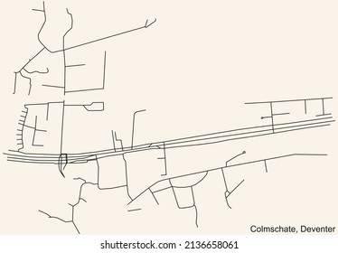 Detailed navigation black lines urban street roads map of the COLMSCHATE DISTRICT of the Dutch regional capital city Deventer, Netherlands on vintage beige background