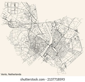 Detailed navigation black lines urban street roads map of the Dutch regional capital city of VENLO, NETHERLANDS on vintage beige background