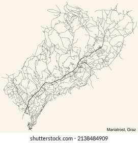 Detailed navigation black lines urban street roads map of the MARIATROST DISTRICT of the Austrian regional capital city of Graz, Austria on vintage beige background