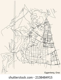 Detailed navigation black lines urban street roads map of the EGGENBERG DISTRICT of the Austrian regional capital city of Graz, Austria on vintage beige background