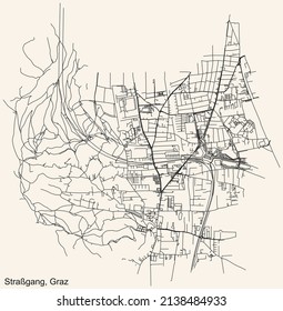 Detailed navigation black lines urban street roads map of the STRAßGANG DISTRICT of the Austrian regional capital city of Graz, Austria on vintage beige background