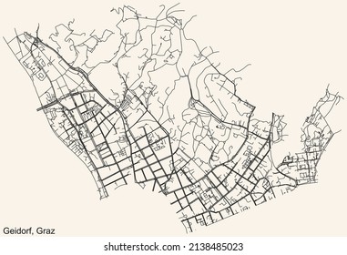 Detailed navigation black lines urban street roads map of the GEIDORF DISTRICT of the Austrian regional capital city of Graz, Austria on vintage beige background
