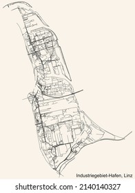 Detaillierte Navigation auf schwarzen Linien Stadtstraßen Karte des INDUSTRIEGEBIET-HAFEN DISTRICT der österreichischen Landeshauptstadt Linz, Österreich auf beigem Hintergrund