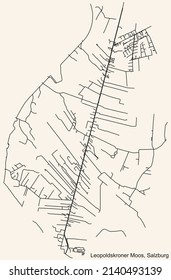 Detailed navigation black lines urban street roads map of the LEOPOLDSKRONER MOOS DISTRICT of the Austrian regional capital city of Salzburg, Austria on vintage beige background