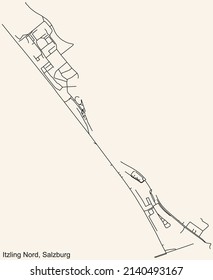 Detailed navigation black lines urban street roads map of the ITZLING NORD DISTRICT of the Austrian regional capital city of Salzburg, Austria on vintage beige background
