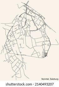 Detaillierte Navigation auf schwarzen Linien Stadtstraßen Karte des NONNTAL DISTRICT der österreichischen Landeshauptstadt Salzburg, Österreich auf beigem Hintergrund