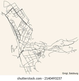 Detailed navigation black lines urban street roads map of the GNIGL DISTRICT of the Austrian regional capital city of Salzburg, Austria on vintage beige background