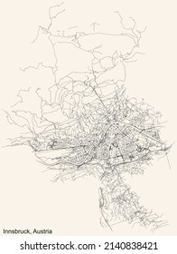 Detailed navigation black lines urban street roads map of the Austrian regional capital city of INNSBRUCK, AUSTRIA on vintage beige background