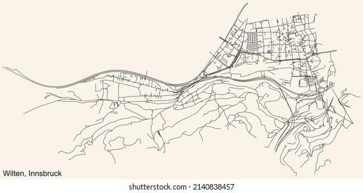 Detailed navigation black lines urban street roads map of the WILTEN DISTRICT of the Austrian regional capital city of Innsbruck, Austria on vintage beige background