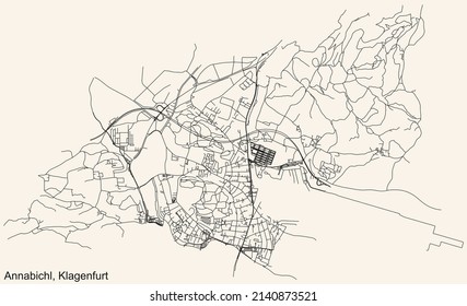 Detailed navigation black lines urban street roads map of the ANNABICHL DISTRICT of the Austrian regional capital city of Klagenfurt, Austria on vintage beige background