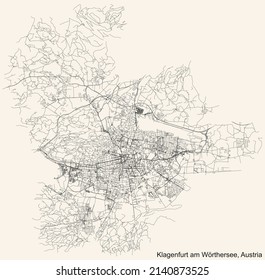 Detailed navigation black lines urban street roads map of the Austrian regional capital city of KLAGENFURT, AUSTRIA on vintage beige background