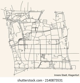 Detailed navigation black lines urban street roads map of the INNERE STADT DISTRICT of the Austrian regional capital city of Klagenfurt, Austria on vintage beige background