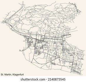 Detailed navigation black lines urban street roads map of the ST. MARTIN DISTRICT of the Austrian regional capital city of Klagenfurt, Austria on vintage beige background