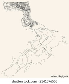 Detailed navigation black lines urban street roads map of the ÁRBÆR DISTRICT of the Icelandic capital city of Reykjavik, Iceland on vintage beige background