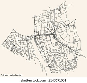 Detailed navigation black lines urban street roads map of the SÜDOST DISTRICT of the German regional capital city of Wiesbaden, Germany on vintage beige background