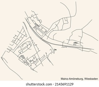 Detailed navigation black lines urban street roads map of the MAINZ-AMÖNEBURG DISTRICT of the German regional capital city of Wiesbaden, Germany on vintage beige background