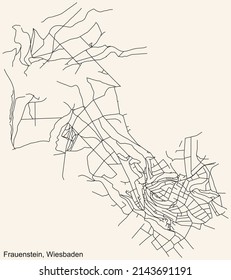Detailed navigation black lines urban street roads map of the FRAUENSTEIN DISTRICT of the German regional capital city of Wiesbaden, Germany on vintage beige background