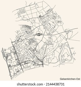 Detailed navigation black lines urban street roads map of the GELSENKIRCHEN-OST DISTRICT of the German regional capital city of Gelsenkirchen, Germany on vintage beige background