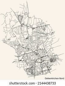 Detailed navigation black lines urban street roads map of the GELSENKIRCHEN-NORD DISTRICT of the German regional capital city of Gelsenkirchen, Germany on vintage beige background