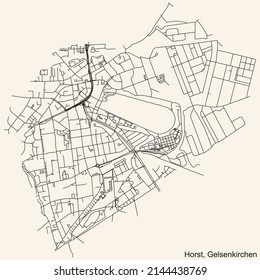 Mapa detallado de las líneas negras de navegación en las calles urbanas del DISTRITO HORST de la capital regional alemana Gelsenkirchen, Alemania sobre fondo beige vintage