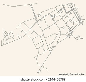 Detailed navigation black lines urban street roads map of the NEUSTADT DISTRICT of the German regional capital city of Gelsenkirchen, Germany on vintage beige background
