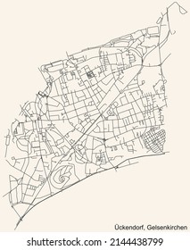 Detailed navigation black lines urban street roads map of the ÜCKENDORF DISTRICT of the German regional capital city of Gelsenkirchen, Germany on vintage beige background