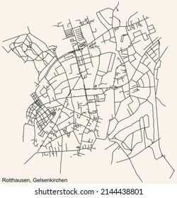 Detailed navigation black lines urban street roads map of the ROTTHAUSEN DISTRICT of the German regional capital city of Gelsenkirchen, Germany on vintage beige background
